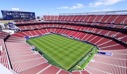 Tampilan San Francisco Bay Arena di Santa Clara, California, yang menggunakan nama sementara selama Piala Dunia 2026 menggantikan Levi's Stadium.
