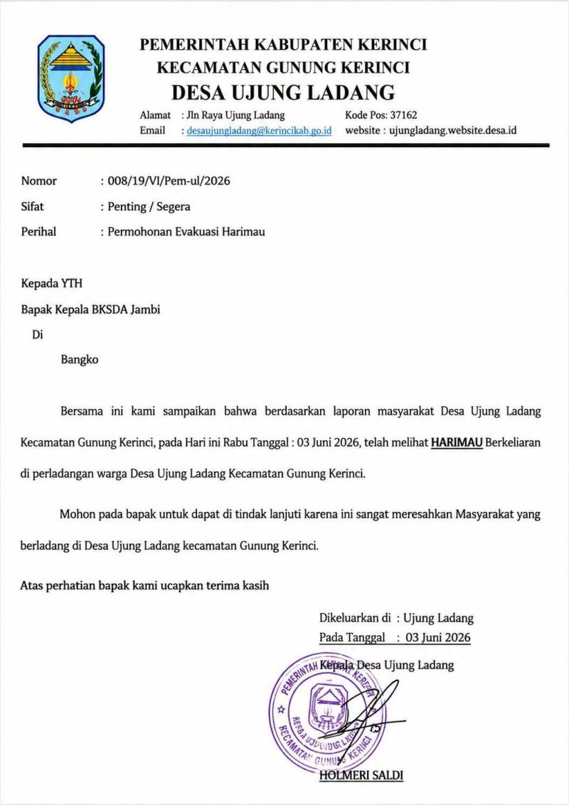 Surat permohonan evakuasi harimau dari Pemerintah Desa Ujung Ladang kepada BKSDA Jambi.