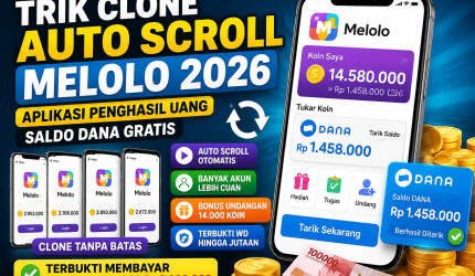 Ilustrasi aplikasi Melolo 2026 dengan fitur clone akun dan auto scroll untuk mengumpulkan reward digital.