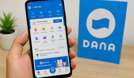 Ilustrasi aplikasi DANA pada layar smartphone untuk transaksi digital.