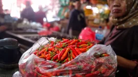 Pedagang menata cabai dan bahan pangan di pasar tradisional seiring kenaikan harga pangan yang memicu inflasi.(Foto : Liputan6.com/Angga Yuniar)