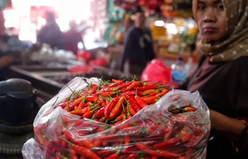 Pedagang menata cabai dan bahan pangan di pasar tradisional seiring kenaikan harga pangan yang memicu inflasi.(Foto : Liputan6.com/Angga Yuniar)