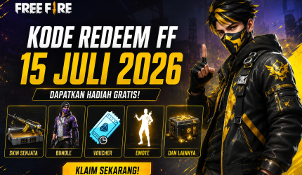 Ilustrasi kode redeem Free Fire (FF) 15 Juli 2026 dengan hadiah gratis berupa skin, bundle, voucher, emote, dan item eksklusif.
