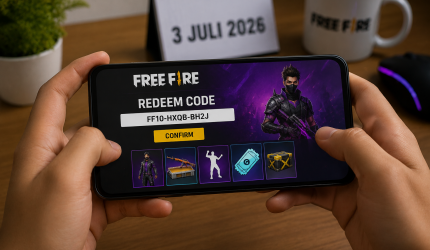 Ilustrasi seorang pemain membuka halaman penukaran kode redeem Free Fire melalui smartphone untuk mengklaim hadiah gratis dari Garena.