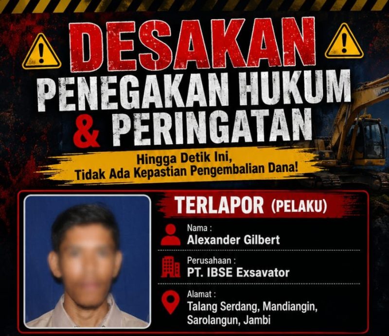 Jeky Mid Chendra mendesak Polda Jambi menuntaskan laporan dugaan penipuan alat berat.