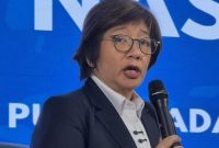 Wakil Kepala BGN Agustina Arumsari mengungkap temuan SPPG yang memiliki dua rekening virtual saat konferensi pers di Jakarta.(Foto : CNN Indonesia/ Dela Naufalia)