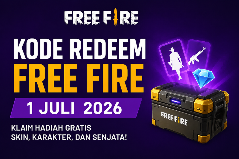 Ilustrasi kode redeem Free Fire yang dapat diklaim pemain untuk memperoleh hadiah gratis berupa skin, bundle, dan item eksklusif pada 1 Juli 2026.