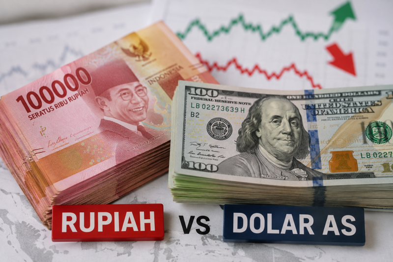 Ilustrasi rupiah dan dolar AS saat nilai tukar rupiah mengalami pelemahan.( Foto : Ilustrasi AI )