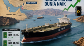 Kapal tanker melintasi Selat Hormuz di tengah ketegangan geopolitik yang mendorong kenaikan harga minyak dunia.