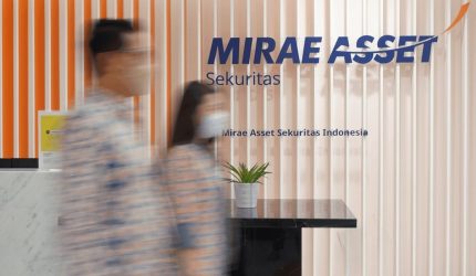 Mirae Asset Sekuritas Indonesia dengan aktivitas pengunjung di area lobi kantor.