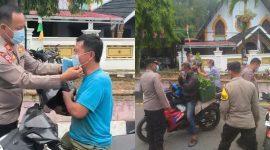 Personel Polres Kerinci dan Polsek Sungai Penuh membagikan masker gratis kepada pengendara, Rabu (26/8/2026).