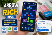 Ilustrasi permainan Arrow To Rich yang menawarkan fitur game puzzle dan hadiah saldo digital. (Foto AI)