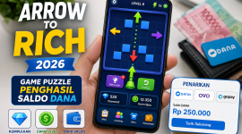 Ilustrasi permainan Arrow To Rich yang menawarkan fitur game puzzle dan hadiah saldo digital. (Foto AI)