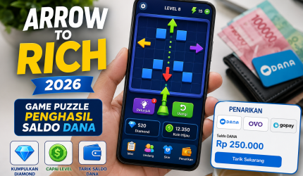Game Arrow To Rich 2026 di smartphone dengan puzzle panah dan fitur penarikan saldo.