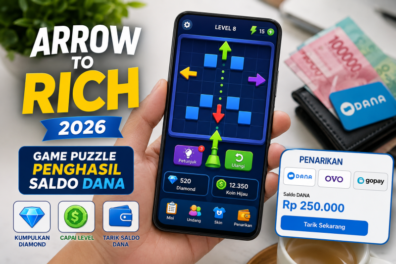 Ilustrasi permainan Arrow To Rich yang menawarkan fitur game puzzle dan hadiah saldo digital. (Foto AI)
