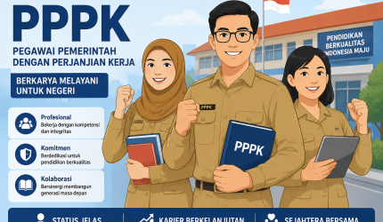 Ilustrasi guru PPPK dengan seragam ASN di lingkungan sekolah.