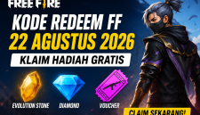 Ilustrasi kode redeem Free Fire 22 Agustus 2026 dengan hadiah Evolution Stone, Diamond, dan voucher gratis.9 Foto AI)
