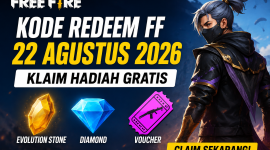 Ilustrasi kode redeem Free Fire 22 Agustus 2026 dengan hadiah Evolution Stone, Diamond, dan voucher gratis.9 Foto AI)