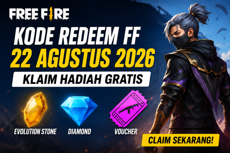 Ilustrasi kode redeem Free Fire 22 Agustus 2026 dengan hadiah Evolution Stone, Diamond, dan voucher gratis.9 Foto AI)