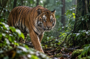 Ilustrasi seekor Harimau Jawa menjelajah hutan tropis yang lebat di kawasan Sukabumi, Jawa Barat.