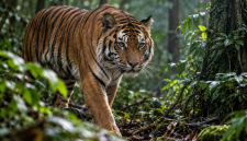 Ilustrasi seekor Harimau Jawa menjelajah hutan tropis yang lebat di kawasan Sukabumi, Jawa Barat.