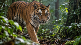 Ilustrasi seekor Harimau Jawa menjelajah hutan tropis yang lebat di kawasan Sukabumi, Jawa Barat.