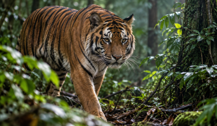 Ilustrasi Harimau Jawa yang menjelajah hutan lebat Sukabumi, Jawa Barat, di tengah kabut dan pepohonan tropis.