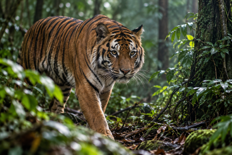 Ilustrasi seekor Harimau Jawa menjelajah hutan tropis yang lebat di kawasan Sukabumi, Jawa Barat.