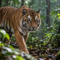 Ilustrasi seekor Harimau Jawa menjelajah hutan tropis yang lebat di kawasan Sukabumi, Jawa Barat.