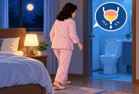 Ilustrasi perempuan terbangun malam hari untuk buang air kecil.