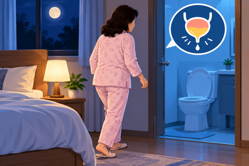 Ilustrasi perempuan terbangun malam hari untuk buang air kecil.