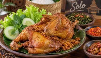 Ayam goreng khas Solo dengan nasi, lalapan, sambal, dan tumis daun pepaya.