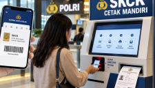 Ilustrasi layanan pencetakan SKCK secara mandiri melalui mesin anjungan Polri dengan menggunakan barcode dari Super Apps Polri.