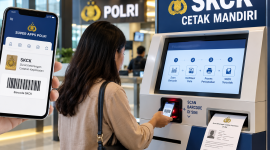 Ilustrasi layanan pencetakan SKCK secara mandiri melalui mesin anjungan Polri dengan menggunakan barcode dari Super Apps Polri.