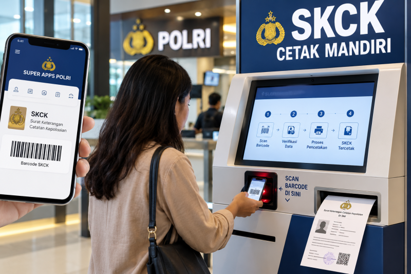 Ilustrasi layanan pencetakan SKCK secara mandiri melalui mesin anjungan Polri dengan menggunakan barcode dari Super Apps Polri.