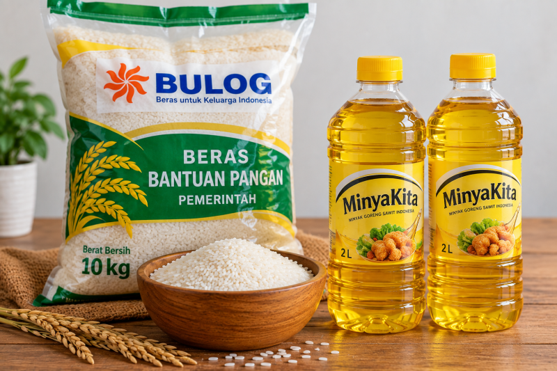Ilustrasi bantuan pangan pemerintah berupa beras dan MinyaKita untuk penerima bansos 2026.