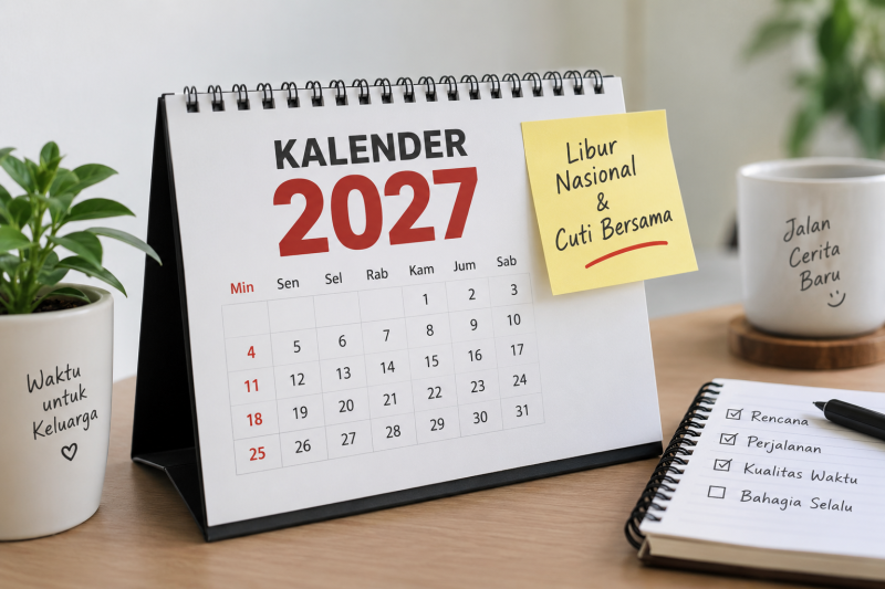 Ilustrasi kalender 2027 dengan jadwal libur nasional dan cuti bersama.