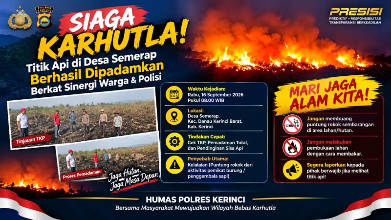 Petugas Polres Kerinci bersama warga memadamkan karhutla di Desa Semerap.