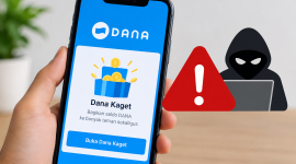 Ilustrasi pengguna DANA yang diminta waspada terhadap tautan Dana Kaget palsu dan penipuan digital.