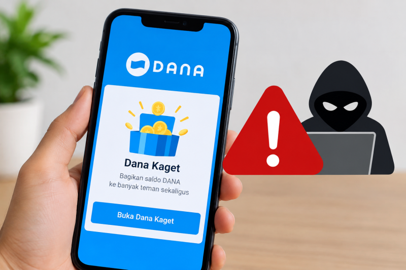 Ilustrasi pengguna DANA yang diminta waspada terhadap tautan Dana Kaget palsu dan penipuan digital.