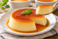 Puding telur kukus lembut dengan saus karamel.
