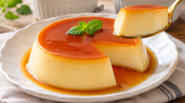 Puding telur kukus lembut dengan saus karamel.