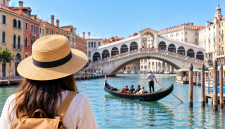 Ilustrasi suasana Venesia dengan wisatawan menikmati pemandangan kanal, gondola, dan Jembatan Rialto di tengah kawasan bersejarah kota. (Foto AI)