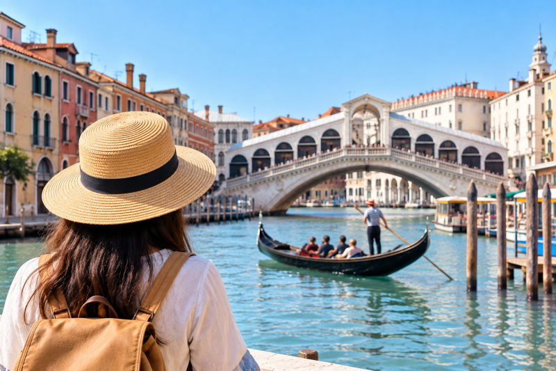 Ilustrasi suasana Venesia dengan wisatawan menikmati pemandangan kanal, gondola, dan Jembatan Rialto di tengah kawasan bersejarah kota. (Foto AI)