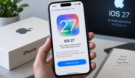 iPhone menampilkan layar pembaruan iOS 27 dengan tombol Unduh dan Instal.