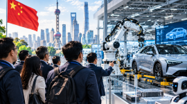 Investor dan pelaku bisnis mengunjungi fasilitas teknologi di China untuk melihat perkembangan industri secara langsung.(Foto : AI Generated Image (ChatGPT)