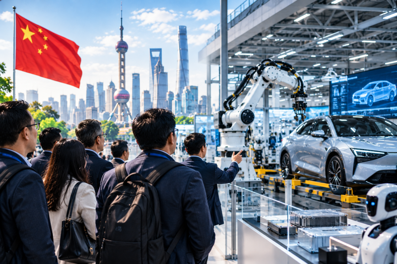 Investor dan pelaku bisnis mengunjungi fasilitas teknologi di China untuk melihat perkembangan industri secara langsung.(Foto : AI Generated Image (ChatGPT)