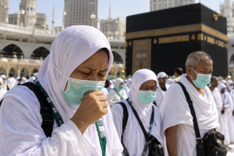 Jemaah haji Indonesia mengenakan masker saat beribadah di tengah kerumunan di Masjidil Haram, Makkah.