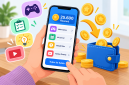 ustrasi penggunaan aplikasi penghasil reward melalui game, kuis, survei, dan tontonan yang menawarkan penukaran poin menjadi saldo dompet digital.