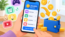 ustrasi penggunaan aplikasi penghasil reward melalui game, kuis, survei, dan tontonan yang menawarkan penukaran poin menjadi saldo dompet digital.